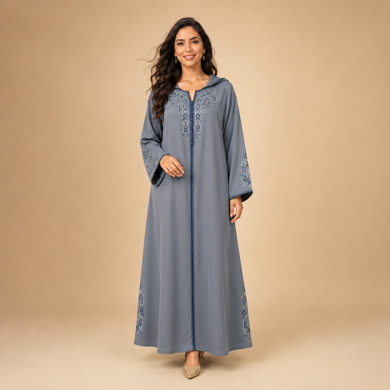 Slate grey Moroccan djellaba with hood and blue geometric detailing