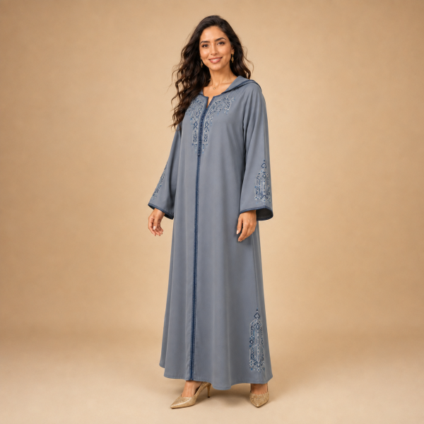 66 Back view of a slate grey Moroccan djellaba with a pointed hood, blue centre trim and geometric sleeve details