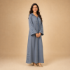 67 Back view of a slate grey Moroccan djellaba with a pointed hood, blue centre trim and geometric sleeve details