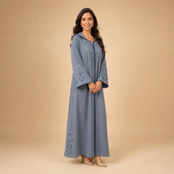 67 Back view of a slate grey Moroccan djellaba with a pointed hood, blue centre trim and geometric sleeve details