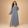 69 Back view of a slate grey Moroccan djellaba with a pointed hood, blue centre trim and geometric sleeve details