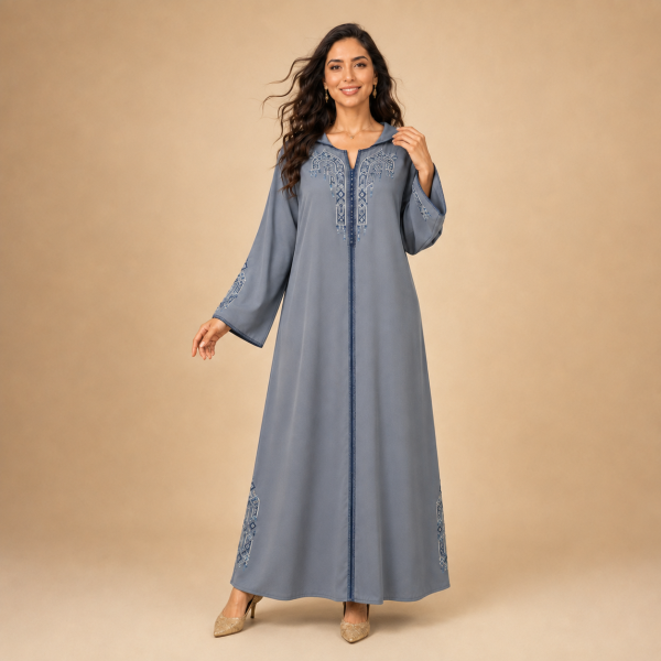 69 Back view of a slate grey Moroccan djellaba with a pointed hood, blue centre trim and geometric sleeve details