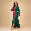 7 Additional view of the emerald green Moroccan caftan highlighting the decorated neckline and front detailing