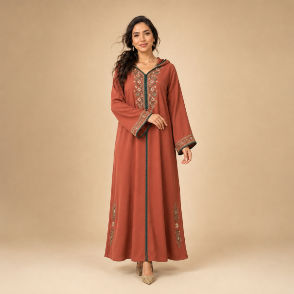 Front view of a terracotta Moroccan djellaba with floral neckline detailing, green trim and decorated cuffs