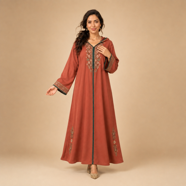 Back view of a terracotta Moroccan djellaba with a pointed hood, floral hood edging and green centre trim