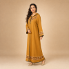 76 Back view of a mustard yellow Moroccan djellaba with a pointed hood, geometric hood border and patterned hem band