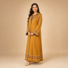 77 Back view of a mustard yellow Moroccan djellaba with a pointed hood, geometric hood border and patterned hem band