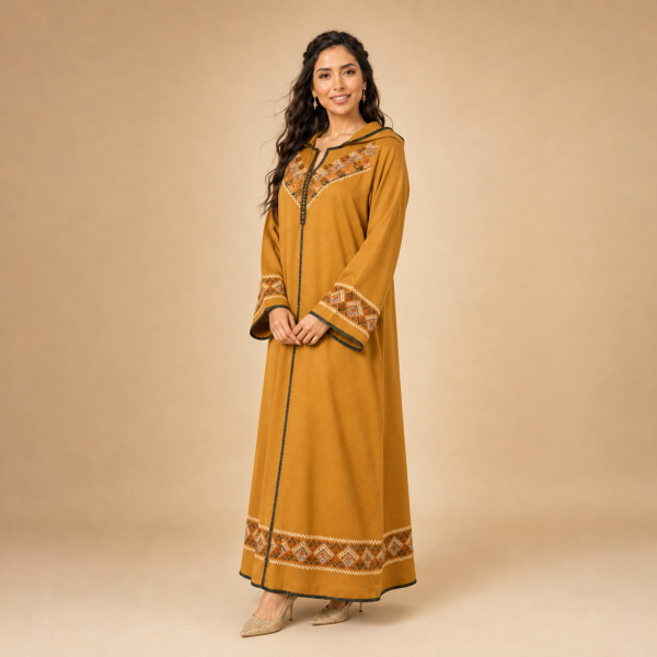 77 Back view of a mustard yellow Moroccan djellaba with a pointed hood, geometric hood border and patterned hem band