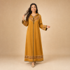 78 Back view of a mustard yellow Moroccan djellaba with a pointed hood, geometric hood border and patterned hem band