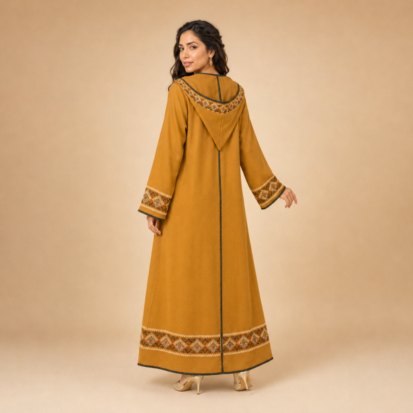 79 Back view of a mustard yellow Moroccan djellaba with a pointed hood, geometric hood border and patterned hem band