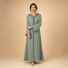 Back view of a sage green striped Moroccan djellaba with a pointed hood, slate blue centre trim and bordered cuffs