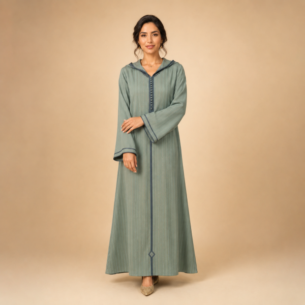 Back view of a sage green striped Moroccan djellaba with a pointed hood, slate blue centre trim and bordered cuffs