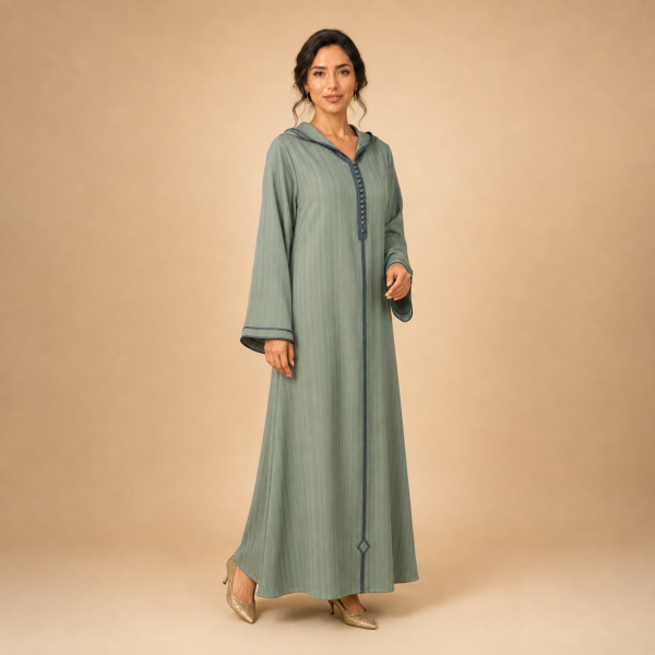 Back view of a sage green striped Moroccan djellaba with a pointed hood, slate blue centre trim and bordered cuffs