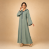 Back view of a sage green striped Moroccan djellaba with a pointed hood, slate blue centre trim and bordered cuffs