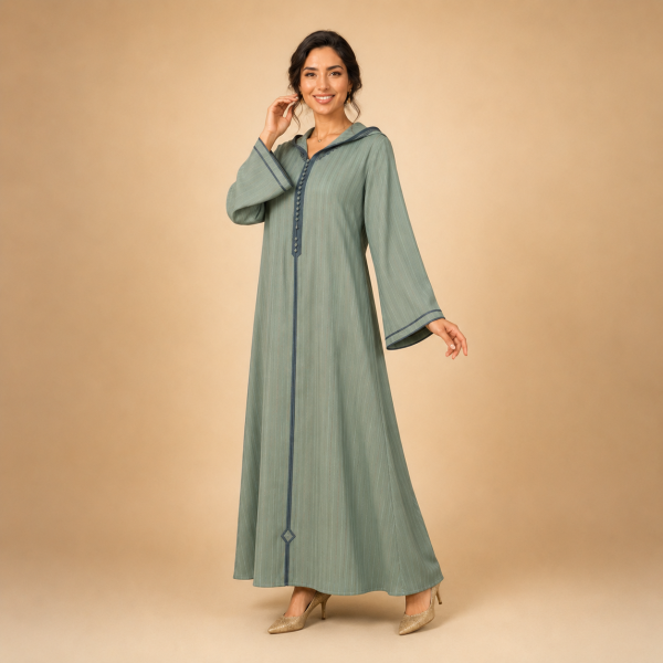 Back view of a sage green striped Moroccan djellaba with a pointed hood, slate blue centre trim and bordered cuffs