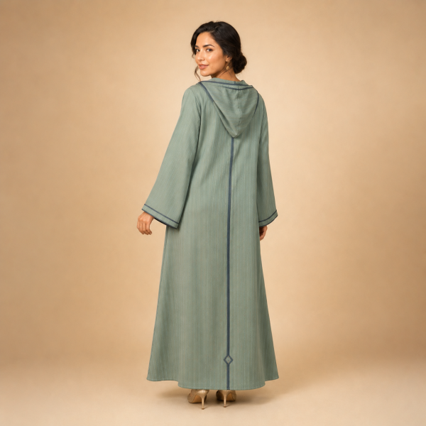 Back view of a sage green striped Moroccan djellaba with a pointed hood, slate blue centre trim and bordered cuffs