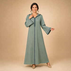 Front view of a sage green striped Moroccan djellaba with slate blue trim, flared sleeves and a small diamond detail near the hem