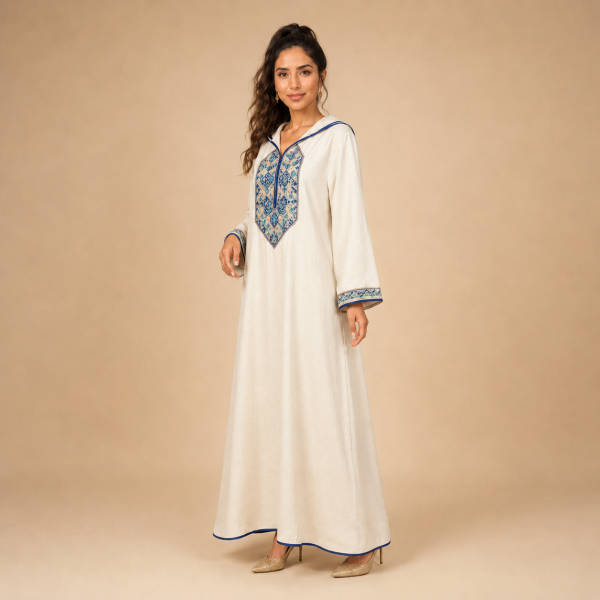 87 Back view of an ivory Moroccan djellaba with blue edging, patterned cuffs and a pointed hood with a small geometric accent