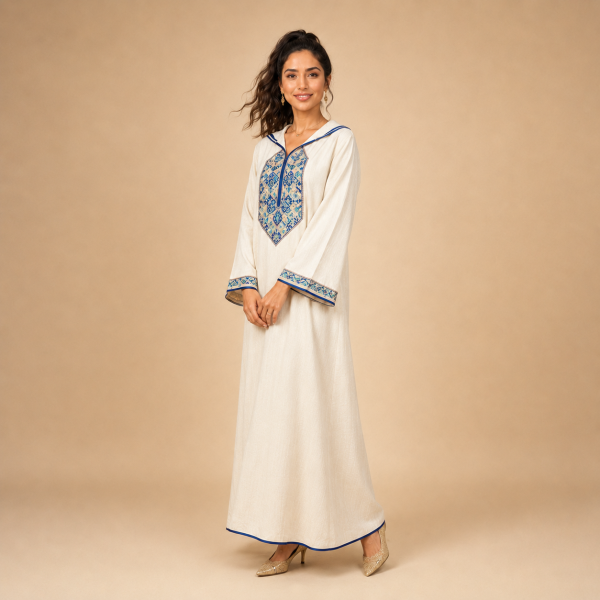 88 Back view of an ivory Moroccan djellaba with blue edging, patterned cuffs and a pointed hood with a small geometric accent