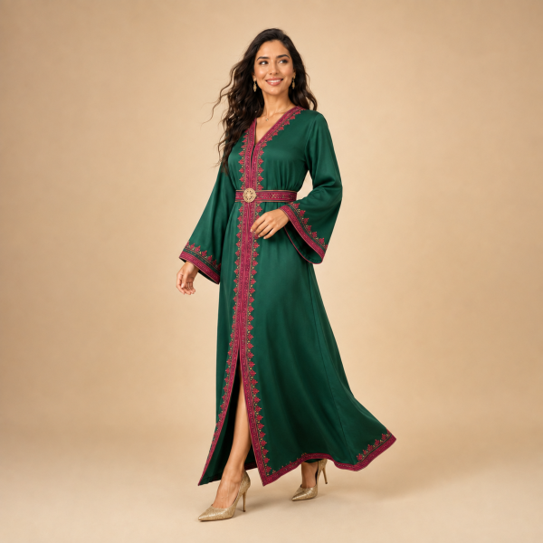 9 Back view of the emerald green Moroccan caftan with a coordinating belt and clean full-length silhouette