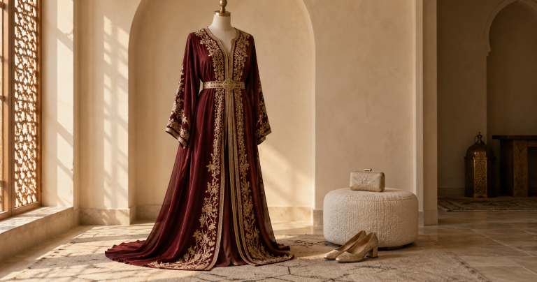 Burgundy Moroccan caftan styled with a clutch and low heels for a formal occasion