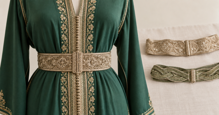 Gold Moroccan caftan belt positioned over burgundy embroidered fabric