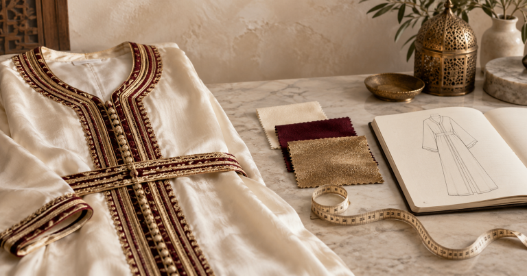 Ivory Moroccan caftan with fabric swatches, measuring tape and a design sketch
