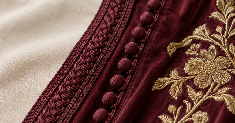 Close view of burgundy caftan fabric showing braided sfifa, rounded aqad buttons and gold embroidery
