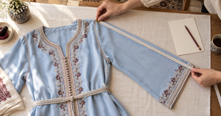 Measuring the sleeve of a powder blue Moroccan caftan with a flexible dressmaker tape