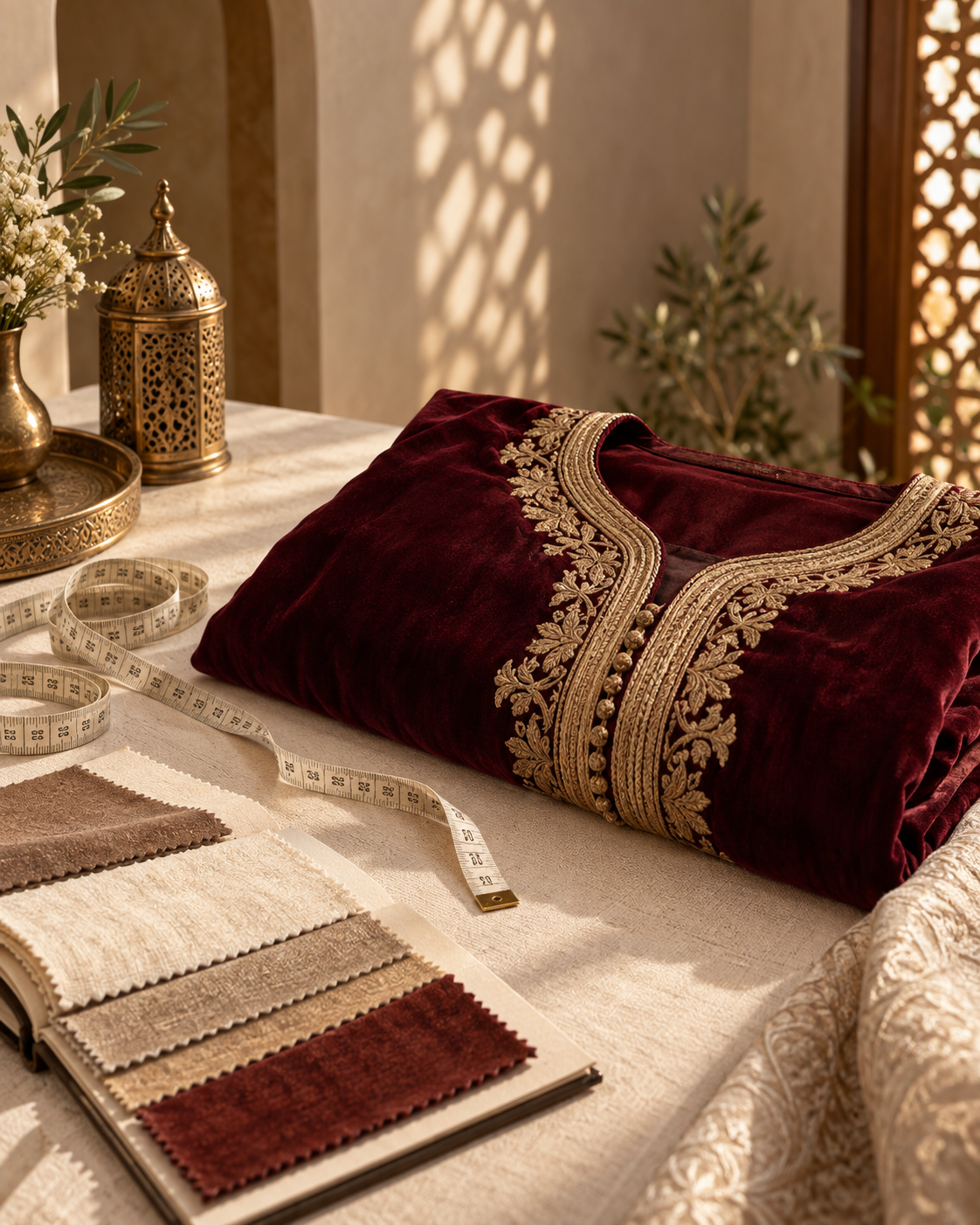 Burgundy Moroccan caftan with gold embroidery, measuring tape and fabric samples