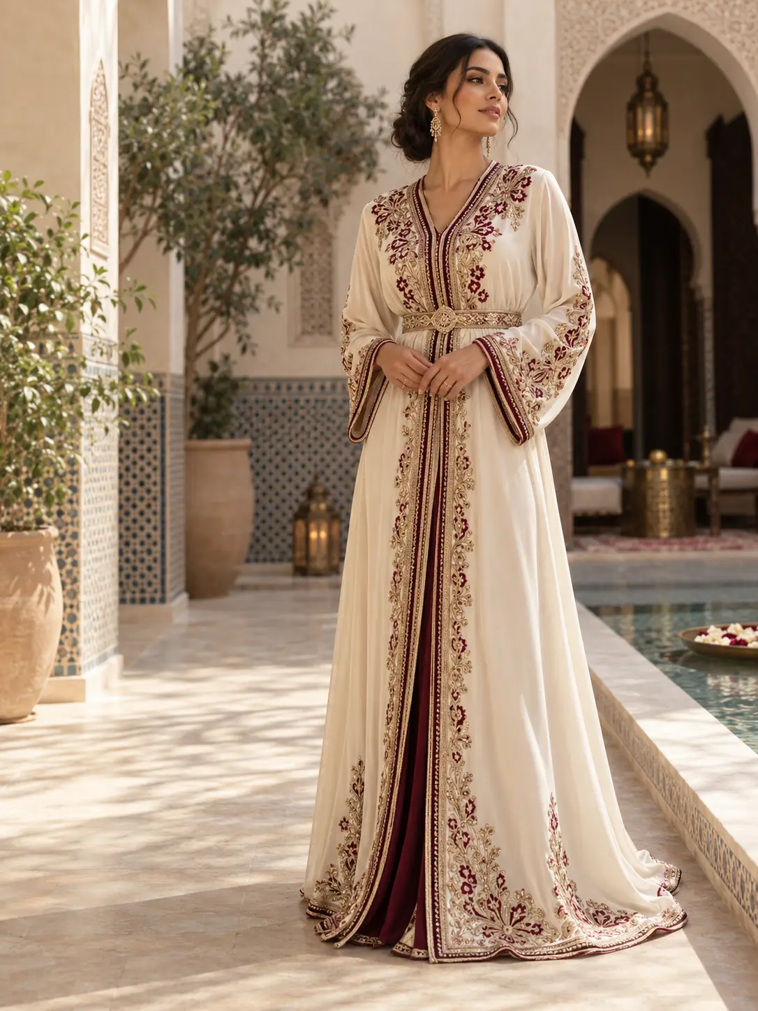 Woman wearing an ivory Moroccan caftan with burgundy and gold embroidery in a riad