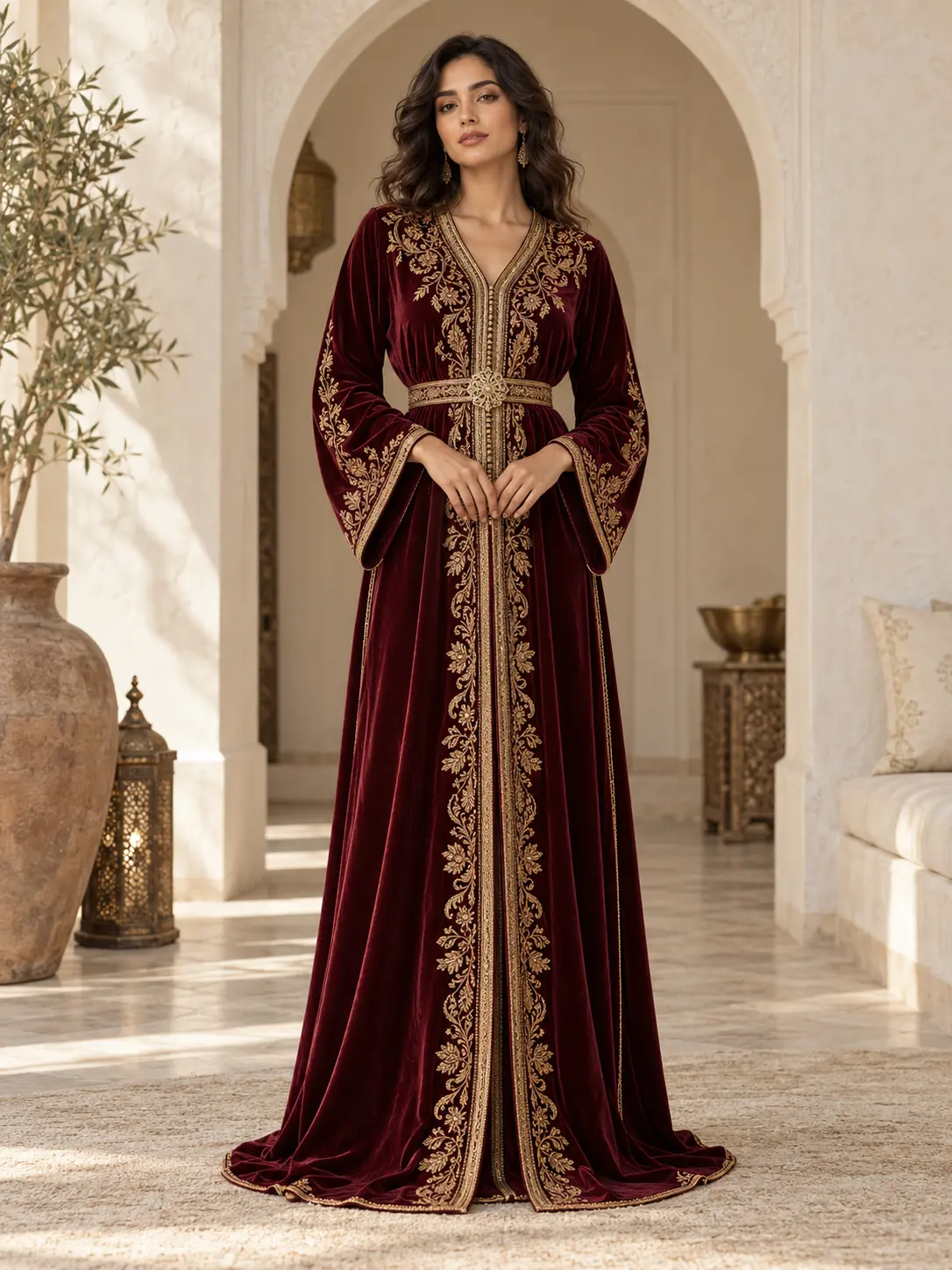 Woman wearing a burgundy Moroccan caftan with gold embroidery in an ivory riad