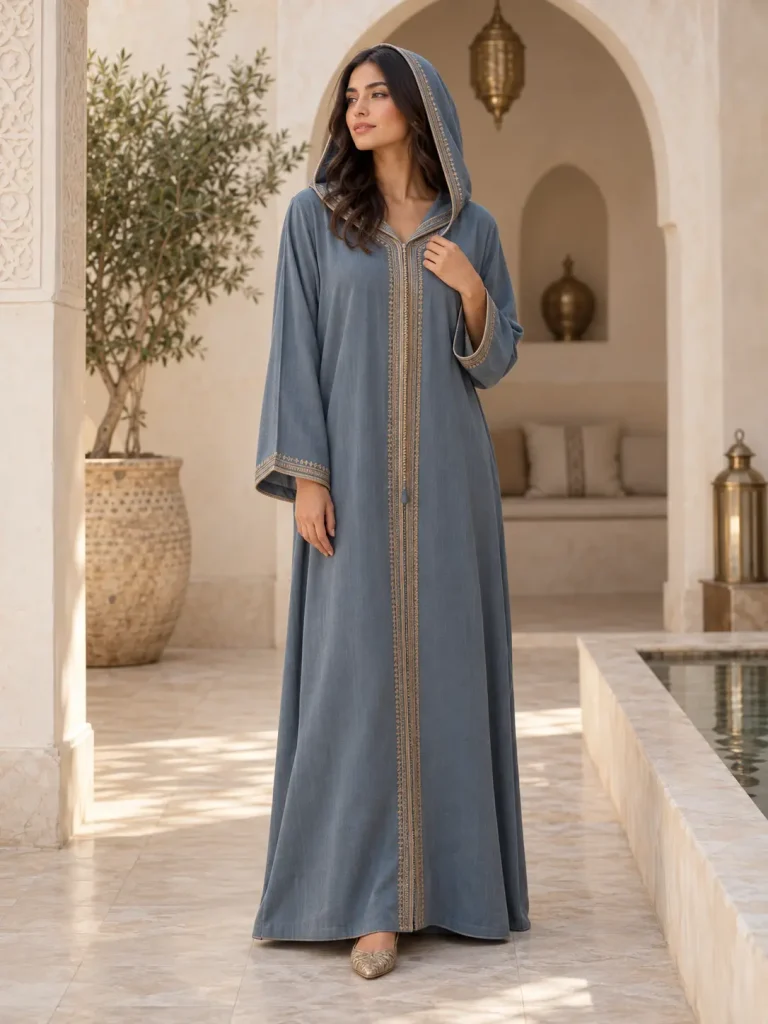 Woman wearing a blue-grey Moroccan djellaba with a pointed hood in an ivory riad