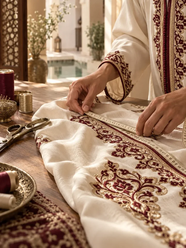 Moroccan artisan measuring embroidered fabric for a made-to-order garment