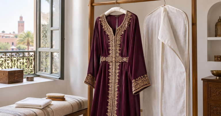 Plum embroidered Moroccan caftan airing beside a breathable garment cover
