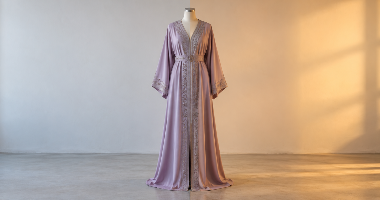 Four views of the same lavender caftan fabric under daylight, warm light, cool light and a phone screen