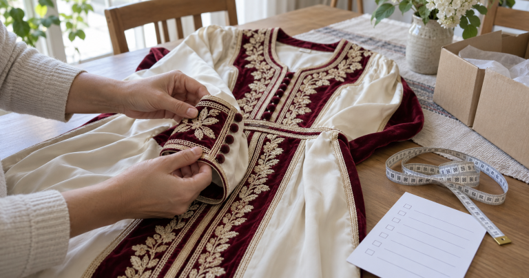 Hands inspecting the embroidery and finishing of a burgundy Moroccan caftan after delivery