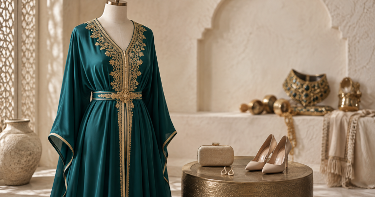 Deep teal Moroccan caftan styled with restrained earrings, clutch and neutral heels